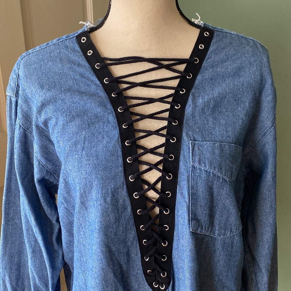 Furst of a Kind lace up blue denim rare black trim long sleeve casual shirt
